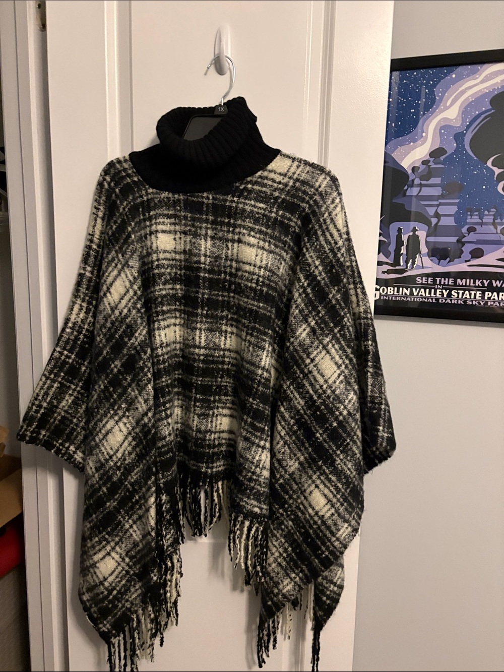 Ralph Lauren Black & Cream Plaid Turtleneck Poncho